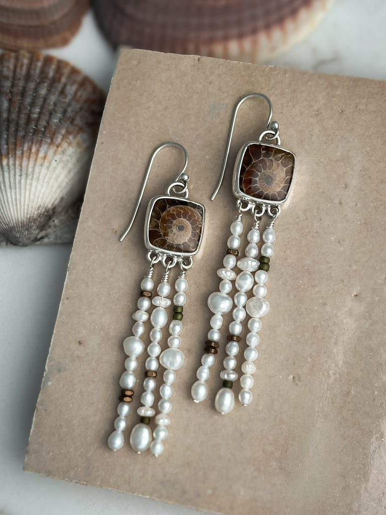 Sea Spiral Ammonite and Pearl Earrings