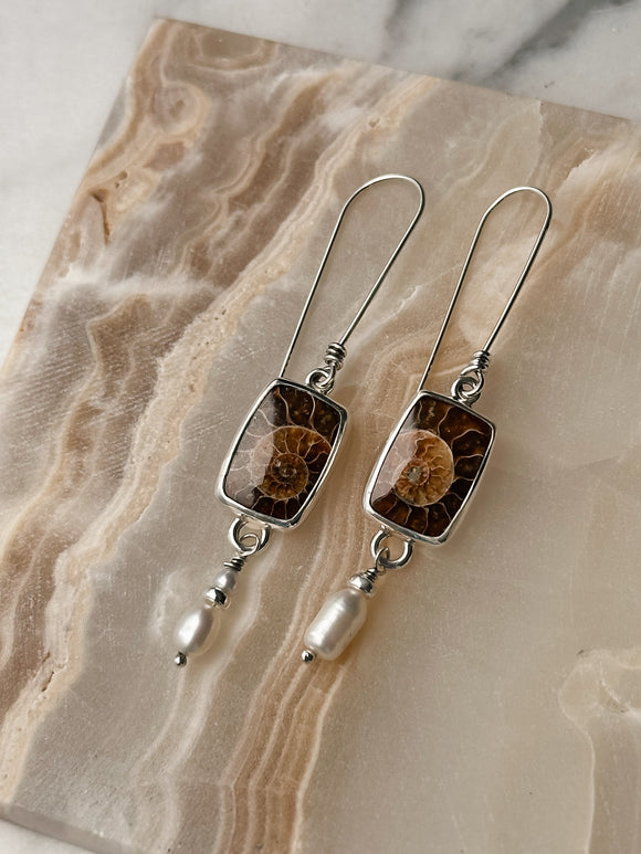 Seaspiral Ammonite and Pearl Earrings