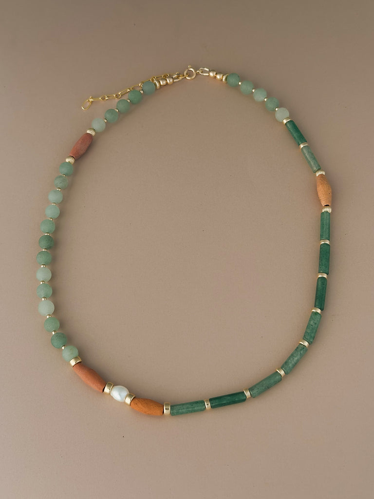 Aventurine + Terracotta + Pearl + Gold Fill Necklace