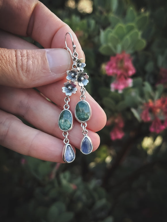 Green and Blue Kyanite + Sterling Silver Floral Earrings